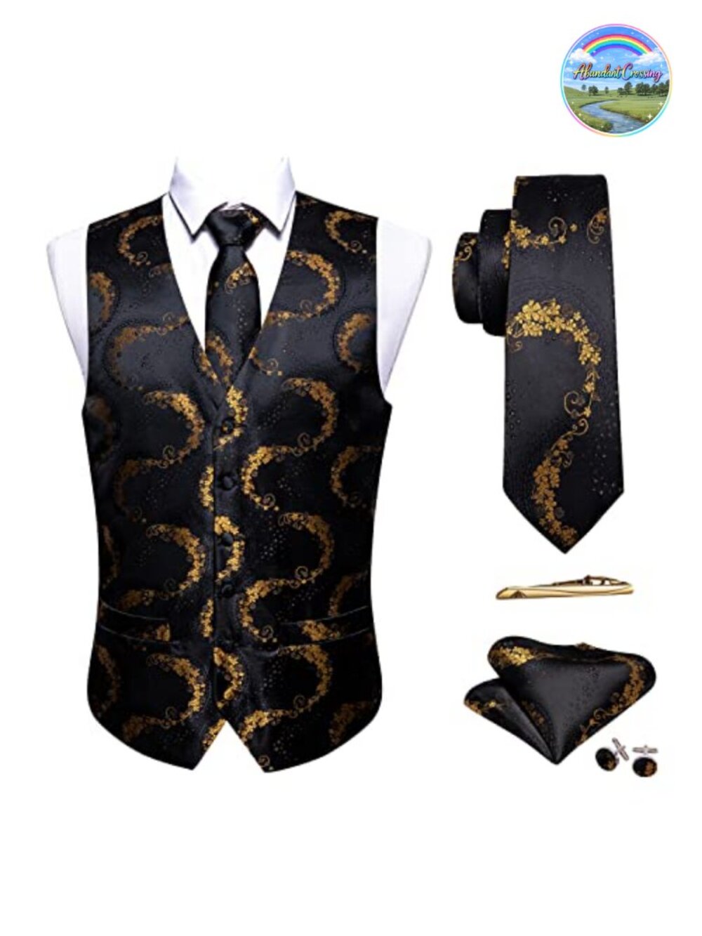 Mens Floral Silk Waistcoat Vest Tie Set 5pc Formal Wedding Groomsmen